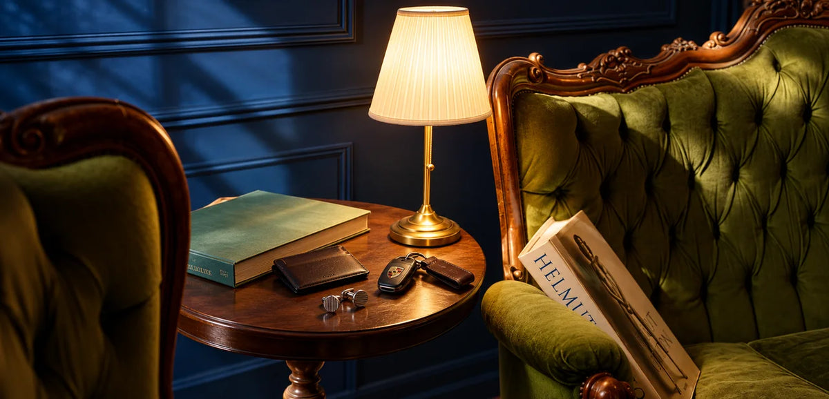 Lampe et fauteuils en velours du salon bleu d’Héritage au crépuscule, avec boutons de manchette, porte-cartes et clé sur la table.