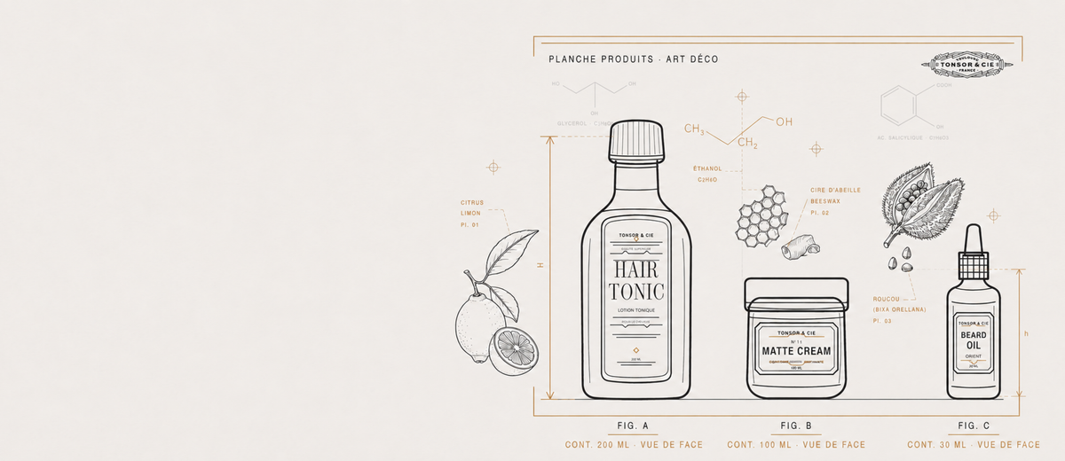 Illustration des soins et accessoires des Rituels Tonsor & Cie
