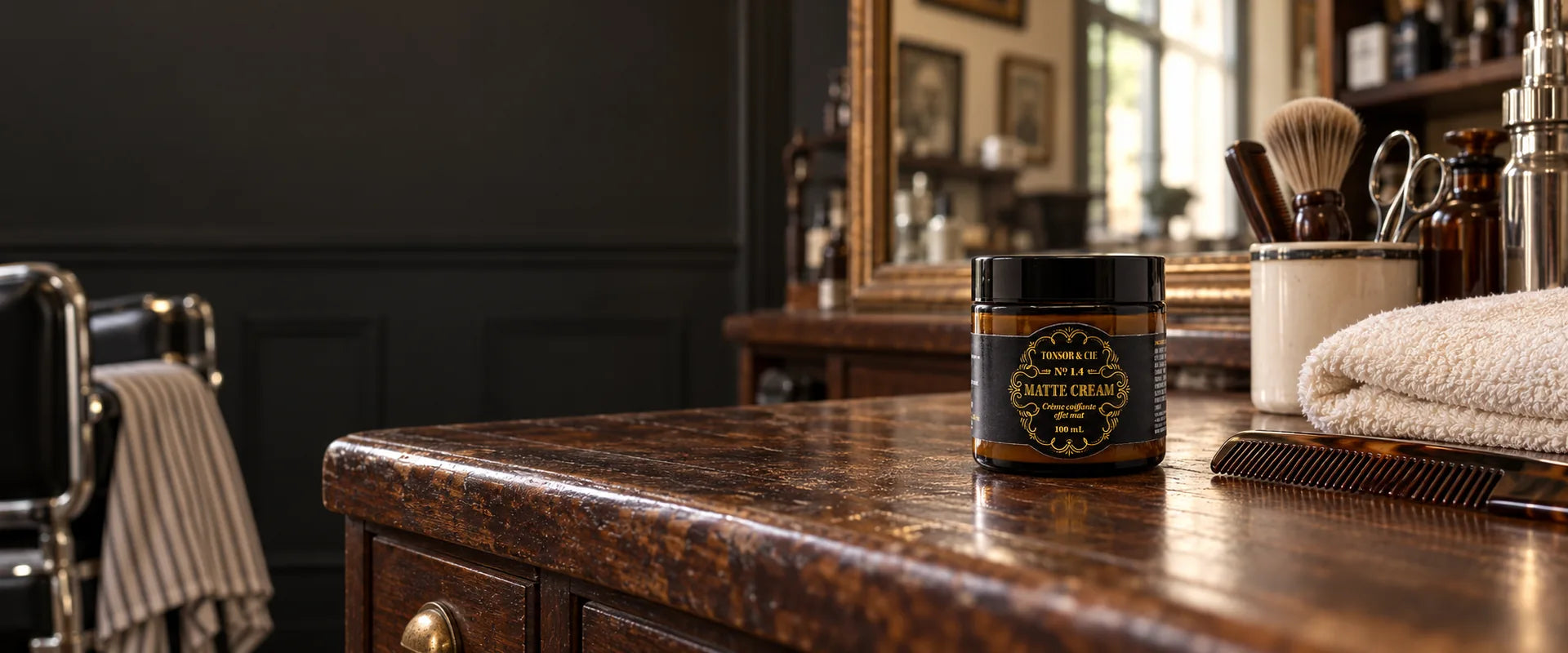 Matte Cream Tonsor & Cie sur un comptoir en bois, dans un décor de barbier à la lumière naturelle.