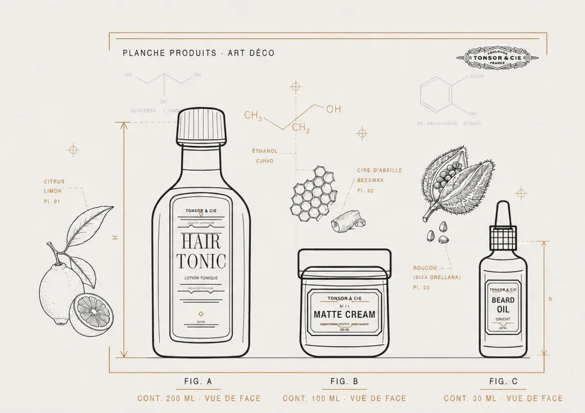
Illustration des soins et accessoires des Rituels Tonsor & Cie
